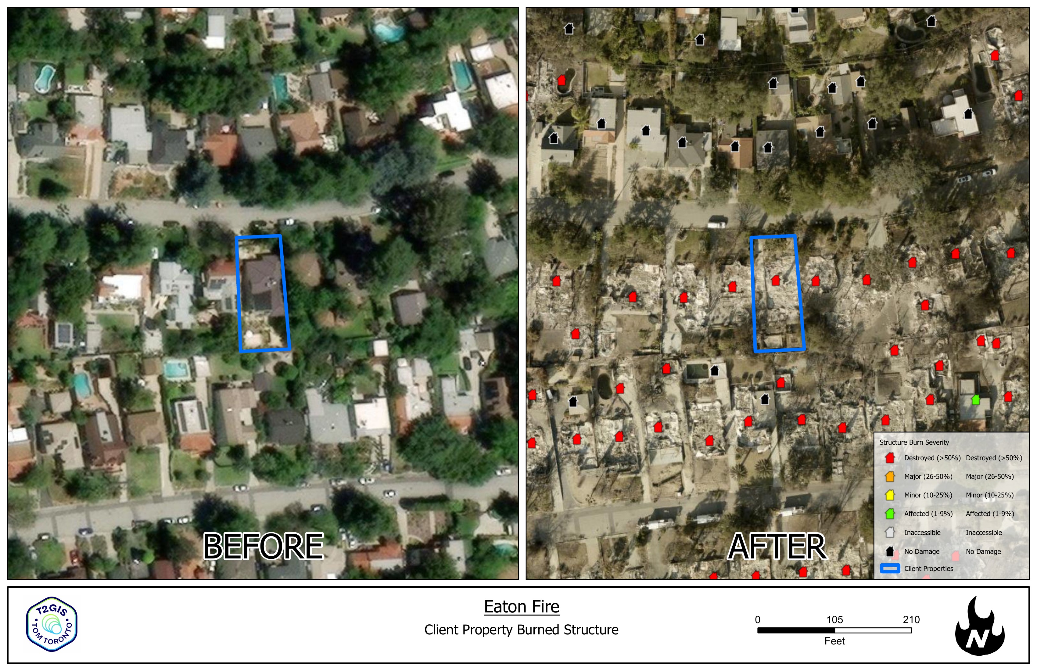 T2GIS Burn Map Report — Before and After satellite imagery with parcel boundaries and burn severity indicators
